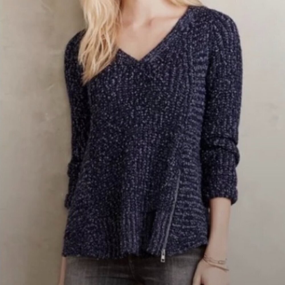 Moth Anthropologie Blue Wool Alpaca Pullover Cotton Sweater Zipper Size Medium